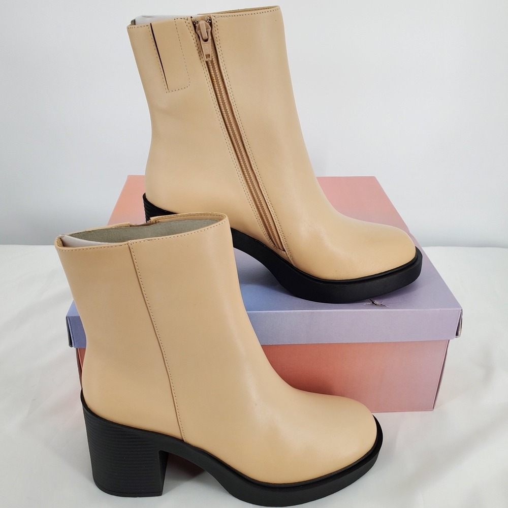LISA VICKY Valid-V Beige Polish Calf Leather Platform Ankle Boots Womens 8.5 M